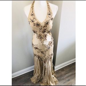 Elegant silk champagne gown w/ beading and lace